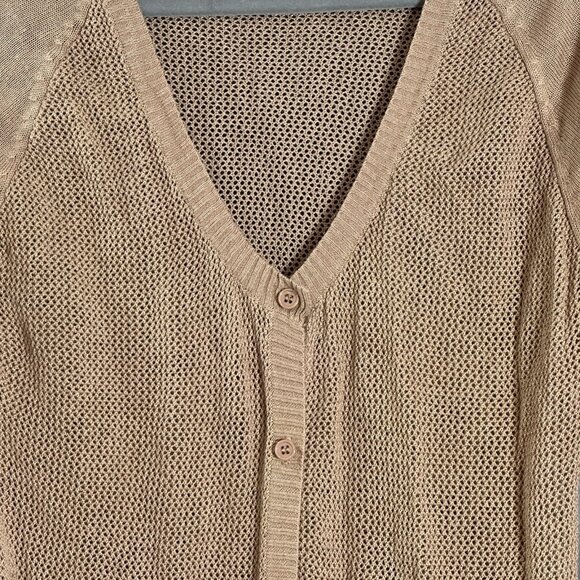 Olivia Sky Open Knit Longline Cardigan Tan Lightweight Button Front Sweater M - Picture 7 of 9